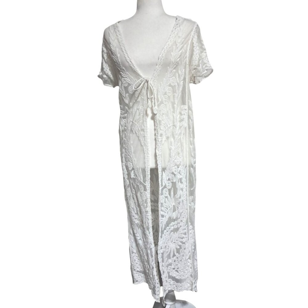 White Sheer Lace Floral Embroidered Boho Maxi Kimono Cover Up Size L Woven Heart